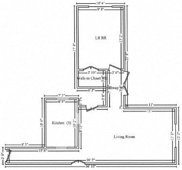 Floor plan for 1 bed, 1 bath, 730 sqft